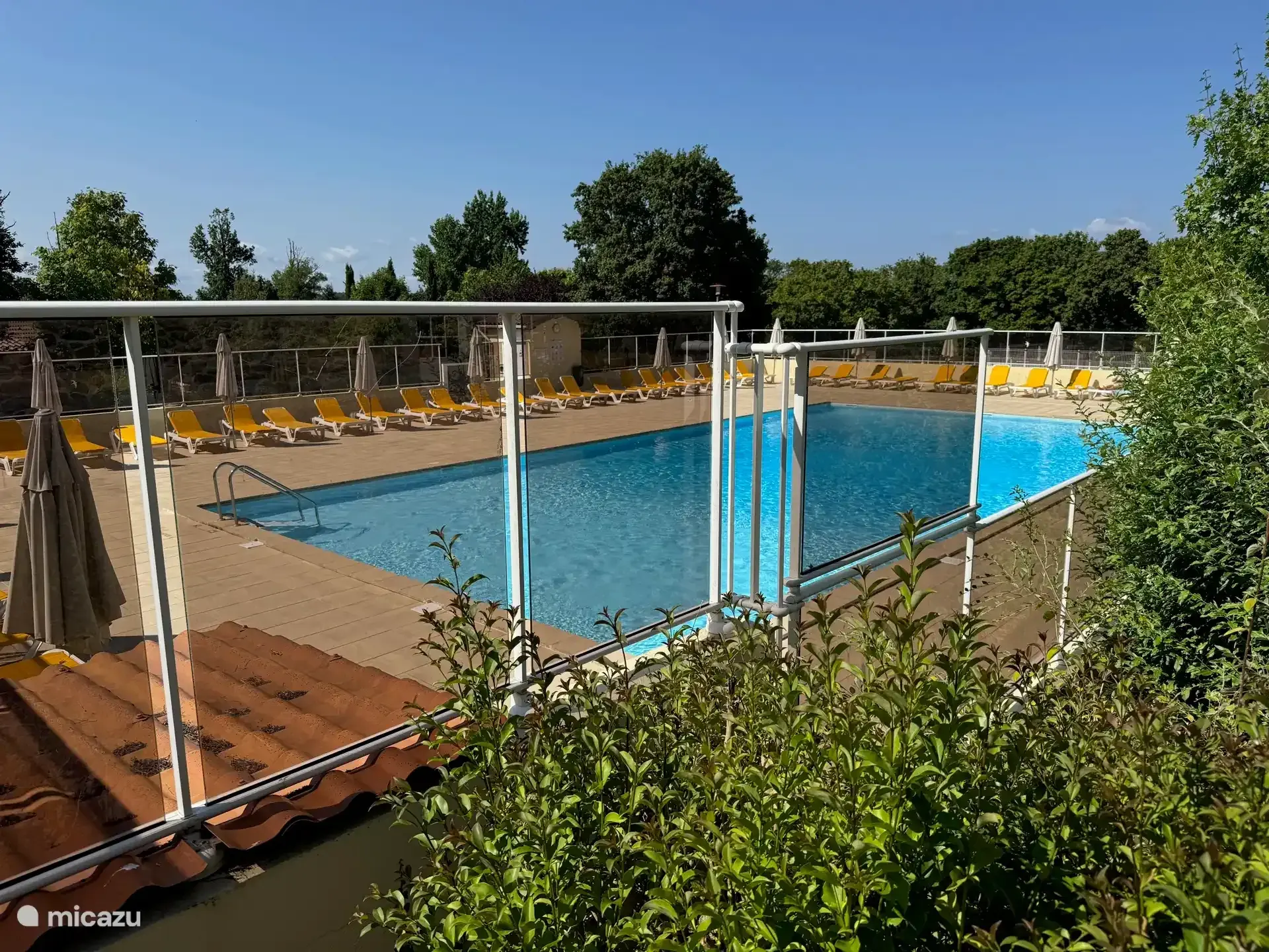 Het grote zwembad van het park met ligbedden langs de rand