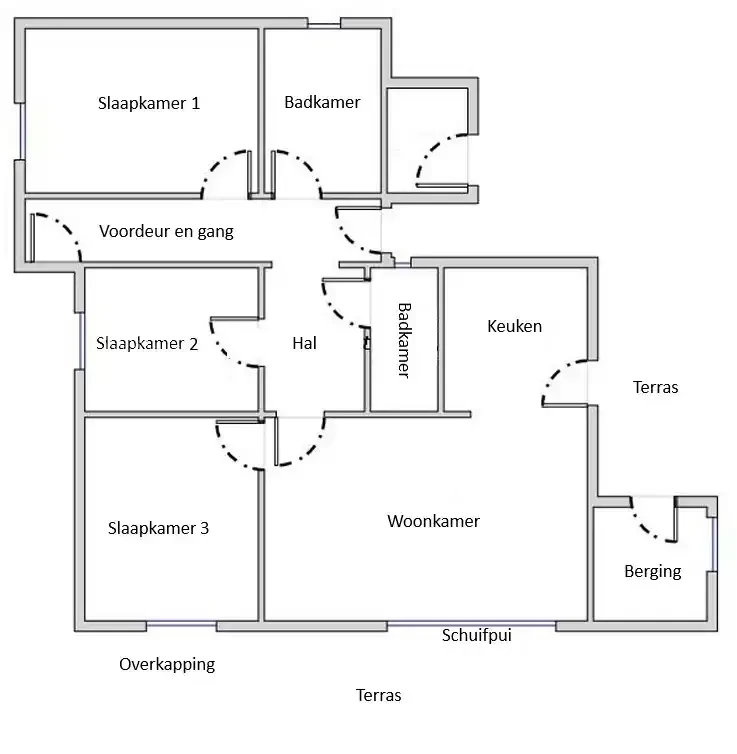 Plattegrond van de bungalow met drie slaapkamers, twee badkamers, keuken, woonkamer, berging en het overdekte terras
